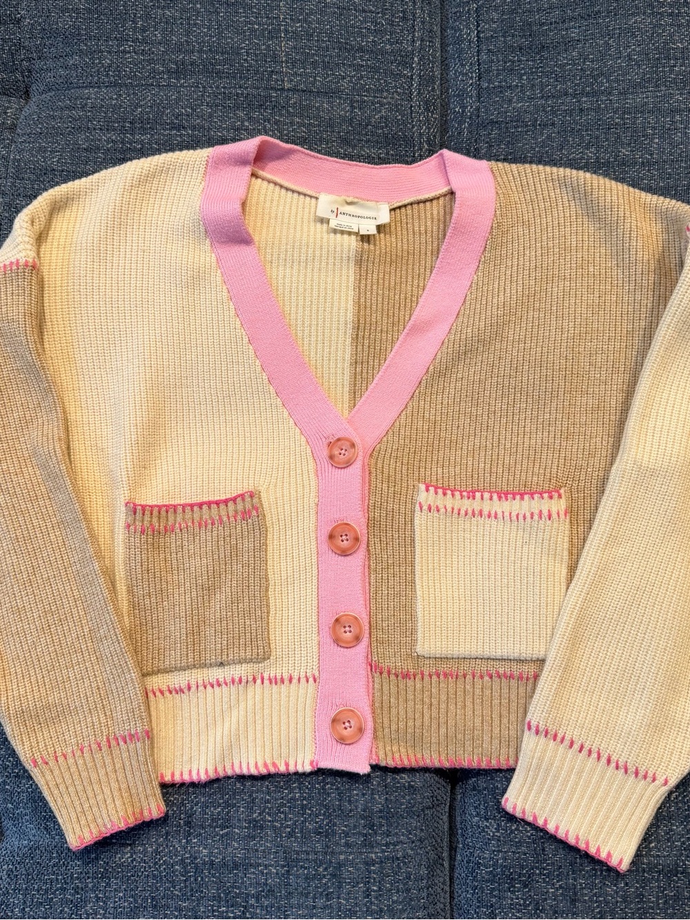 Anthropologie Beige & Pink Colorblock Cropped Cardigan